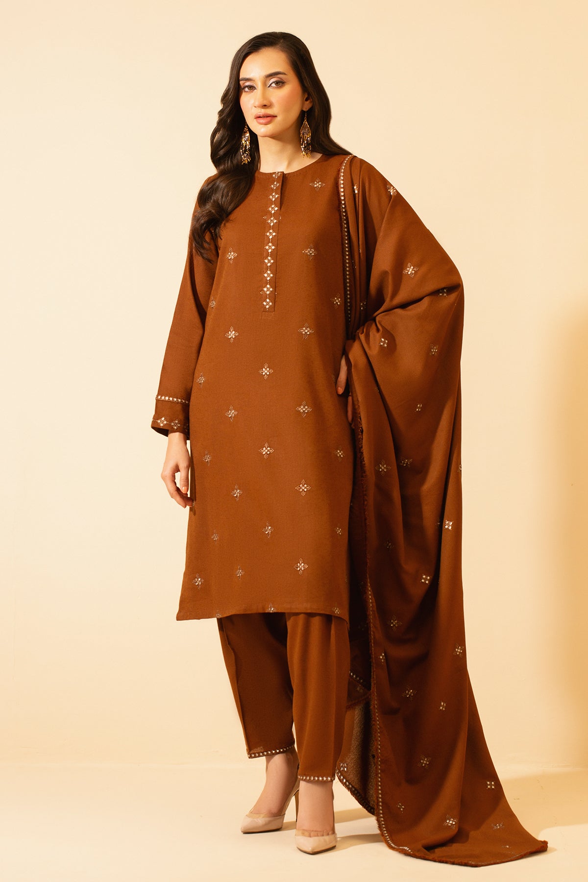 3 Piece Dyed & Embroidered Viscose Cotton Karandi Suit