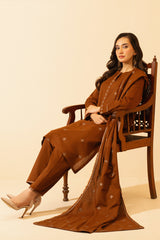 3 Piece Dyed & Embroidered Viscose Cotton Karandi Suit