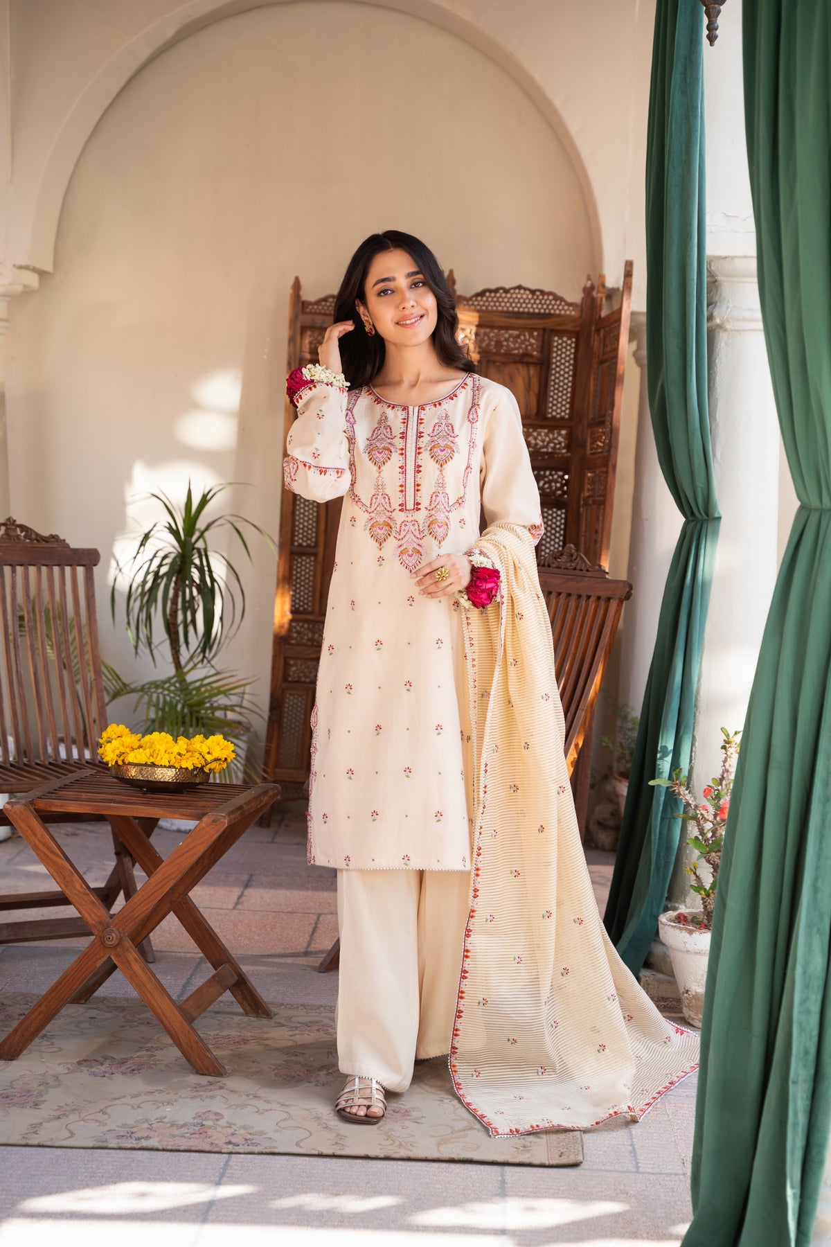 3 Piece Dyed & Embroidered Raw Silk Suit